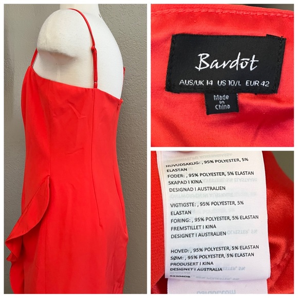 ☑️ Bardot Carmelle Cocktail Dress Ruffle Slit Fitted size 10/L - Picture 12 of 12
